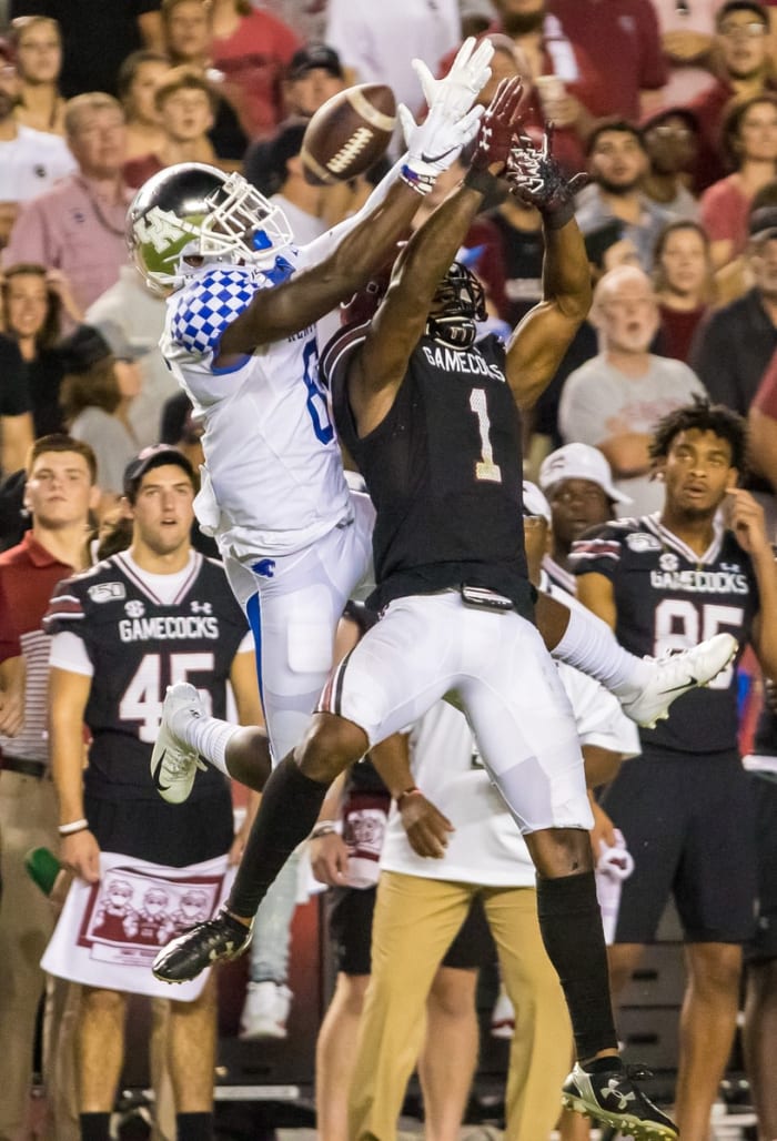 South Carolina Gamecocks defensive back Jaycee Horn (1) defends a pass intended for Kentucky receiver Josh Ali (6). Mandatory Credit: Jeff Blake-USA TODAY